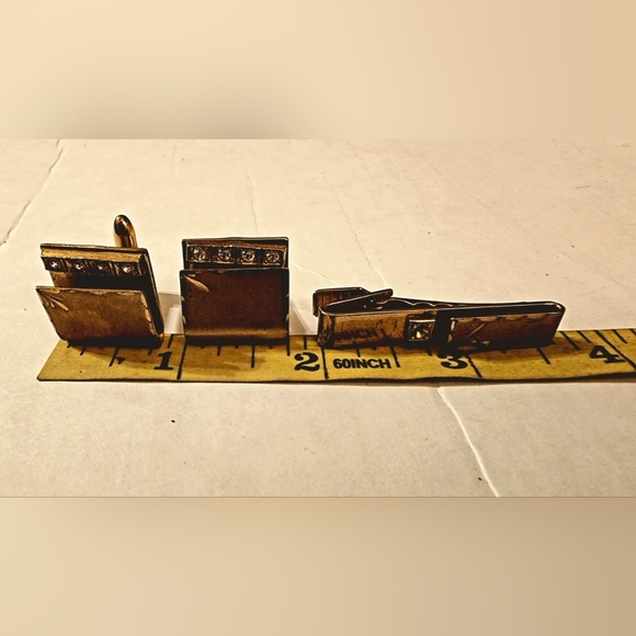 1970s square and rectangle vintage tie clip and cufflinks with rhinestones - Picture 4 of 4